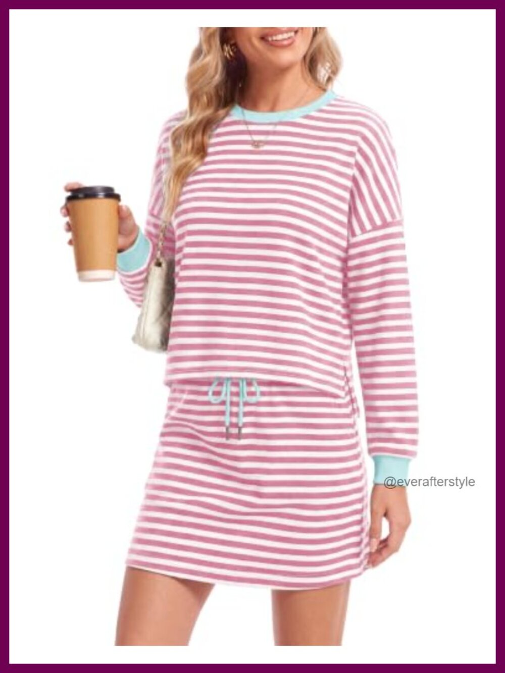Women's 2 Piece Skort Set Striped Long Sleeve Top Built-in Shorts